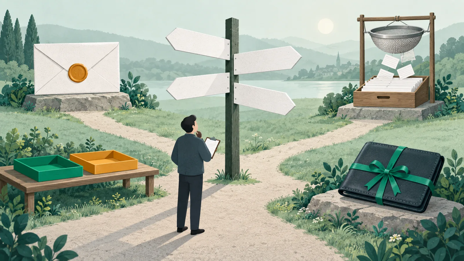 Illustration: a person with a clipboard studies a branching signpost whose paths end at a wax seal, a sieve over contact cards, a sorting table and a closed wallet