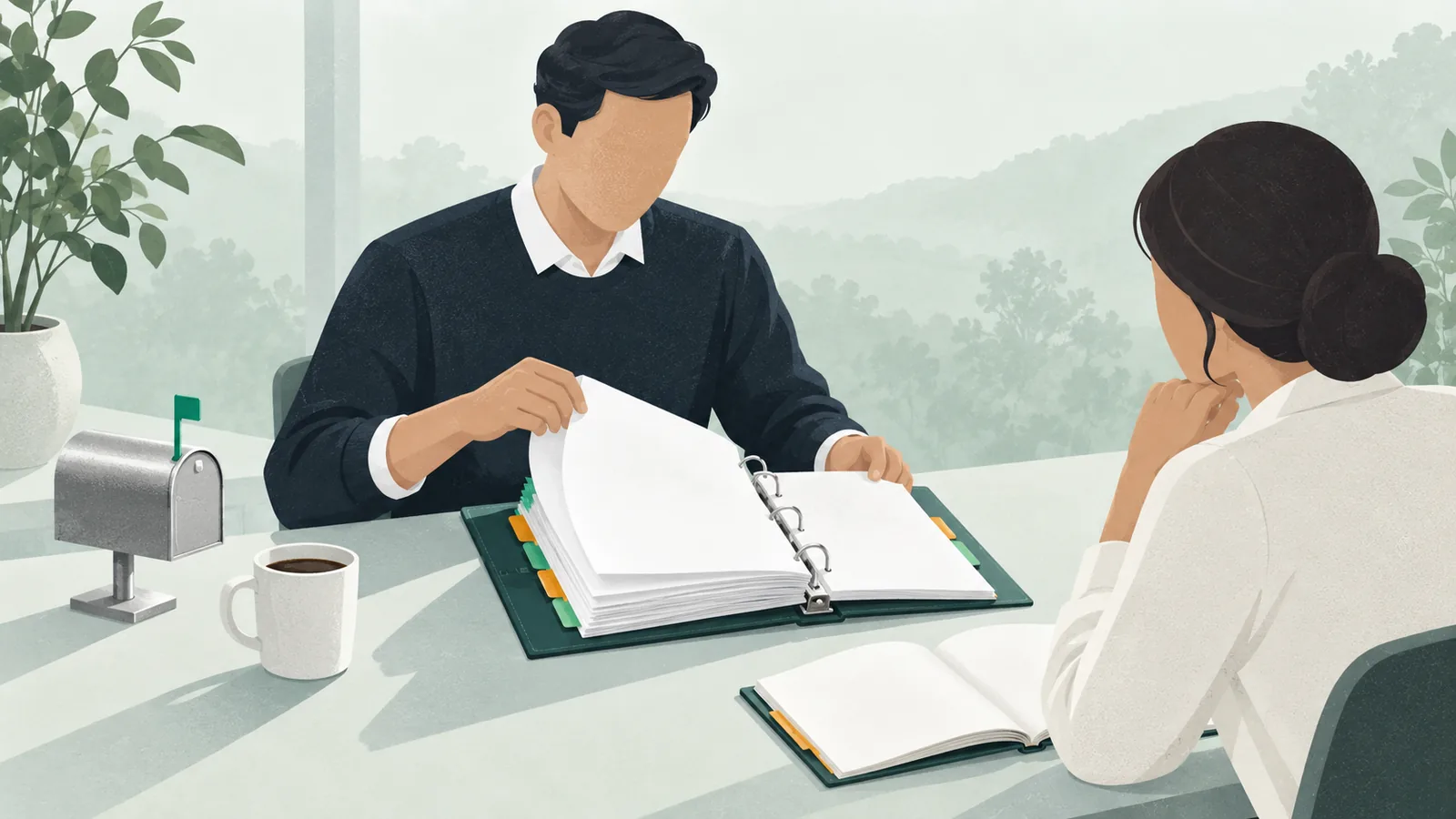 Illustration: a person assembles a tabbed binder of blank pages beside a model mailbox while a second person listens across the table