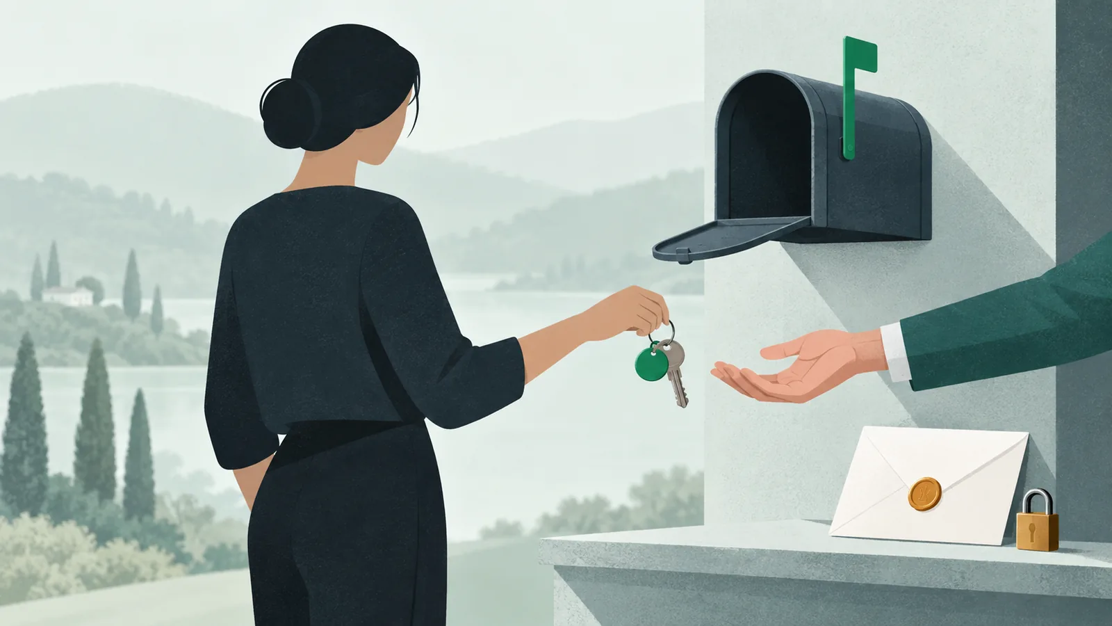 Illustration: a person at an open mailbox hands one key back from a key ring, with a padlock and a sealed envelope on a shelf