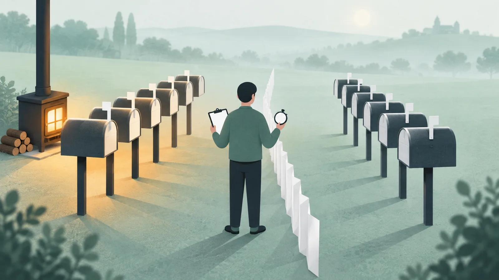 Illustration: two identical rows of mailboxes separated by a low fence, only one near a small stove, observed by a person with a clipboard and a stopwatch