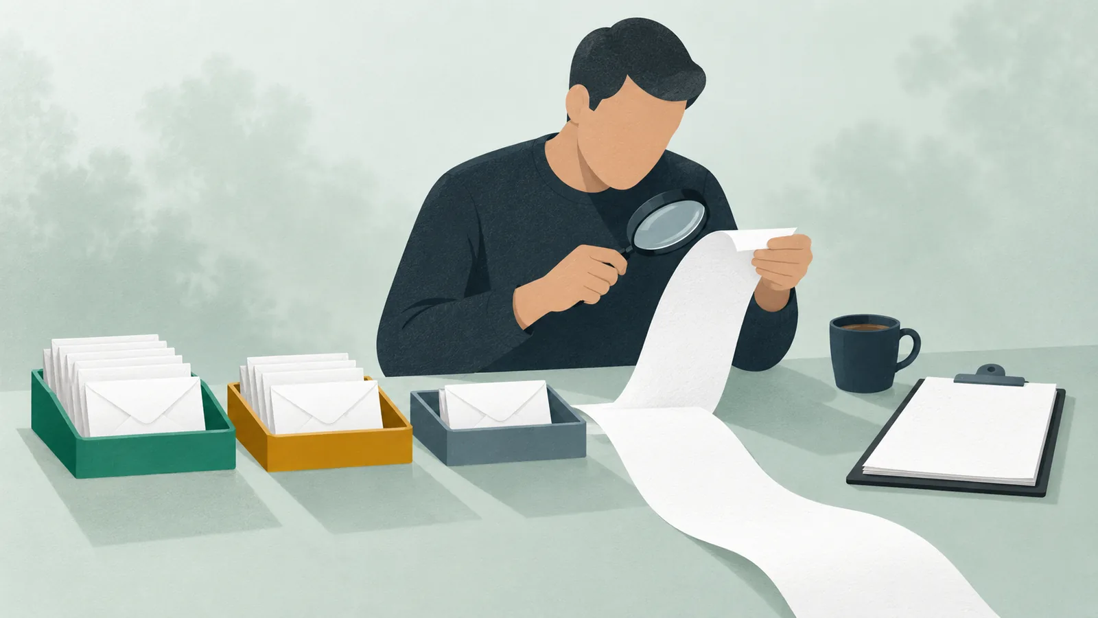 Illustration: a person reads a long paper strip with a magnifying glass while envelopes sit in green, amber and grey trays along it