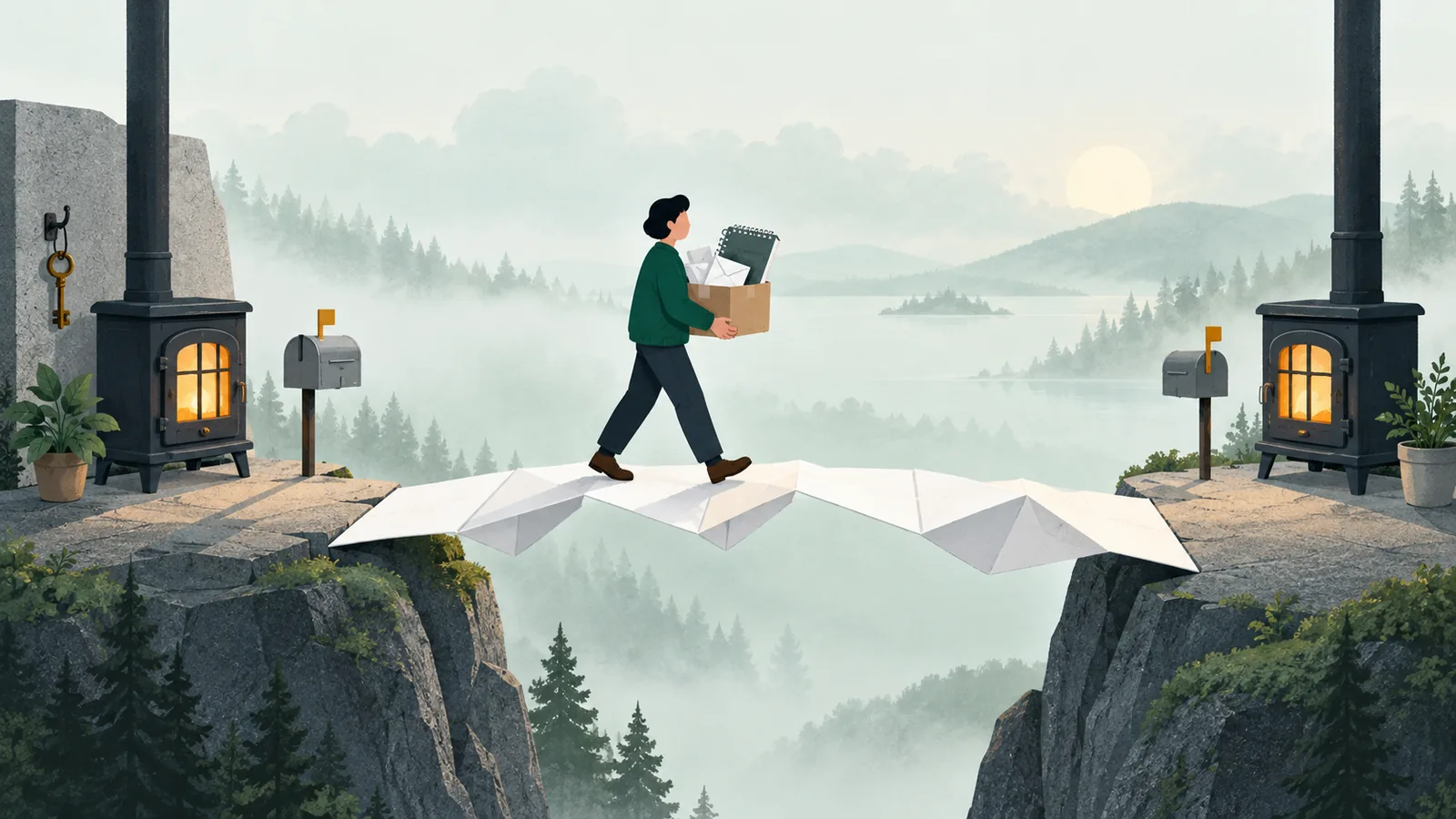 Illustration: a person carries a box of letters and a notebook across a paper bridge between two small stoves, leaving a key back on a hook