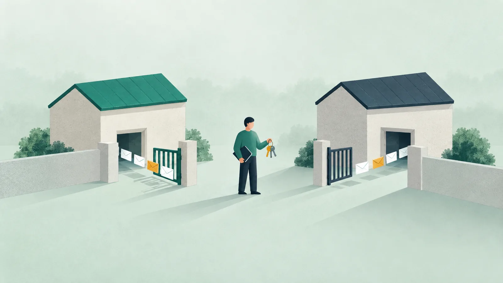 Illustration: a person with a key ring and a notebook stands between two plain post office buildings, envelopes passing through each gate in a measured line