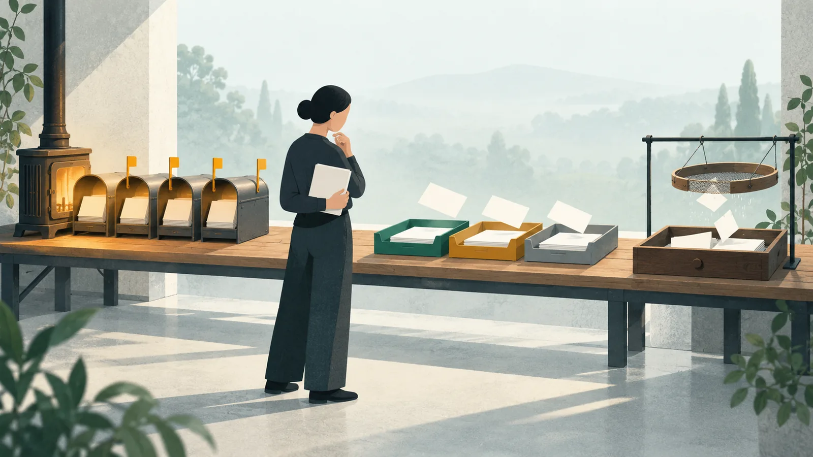 Illustration: a person with a notebook stands between three separate stations, a stove warming mailboxes, envelopes sorted into trays and a sieve over a drawer of contact cards