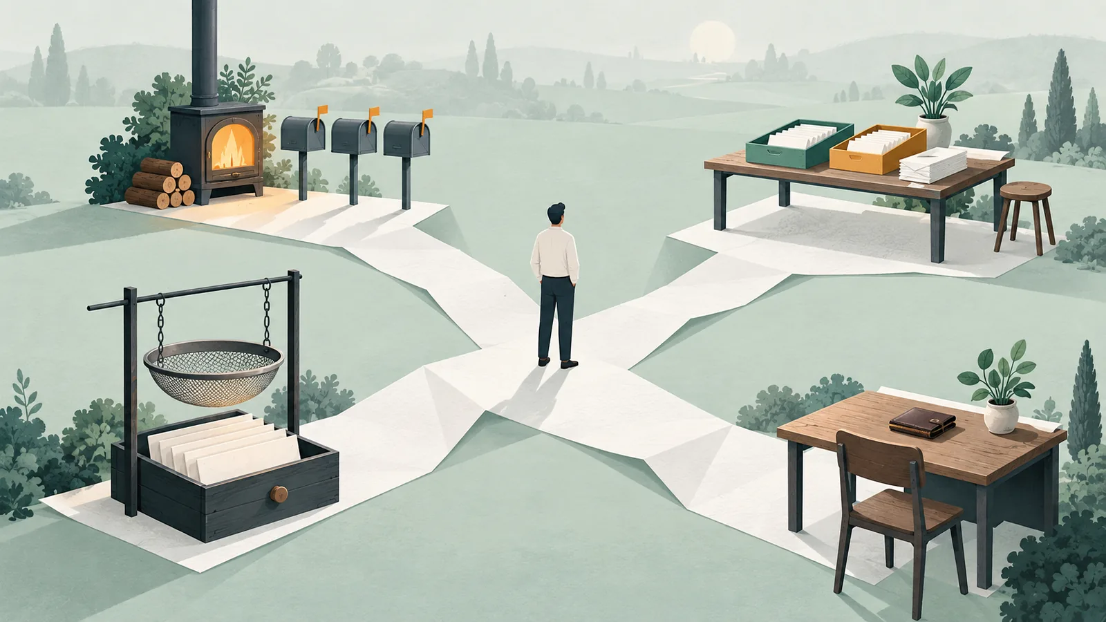 Illustration: a person at a crossroads of paper paths leading to a stove with mailboxes, a sorting table, a sieve over contact cards and a quiet desk with a closed wallet