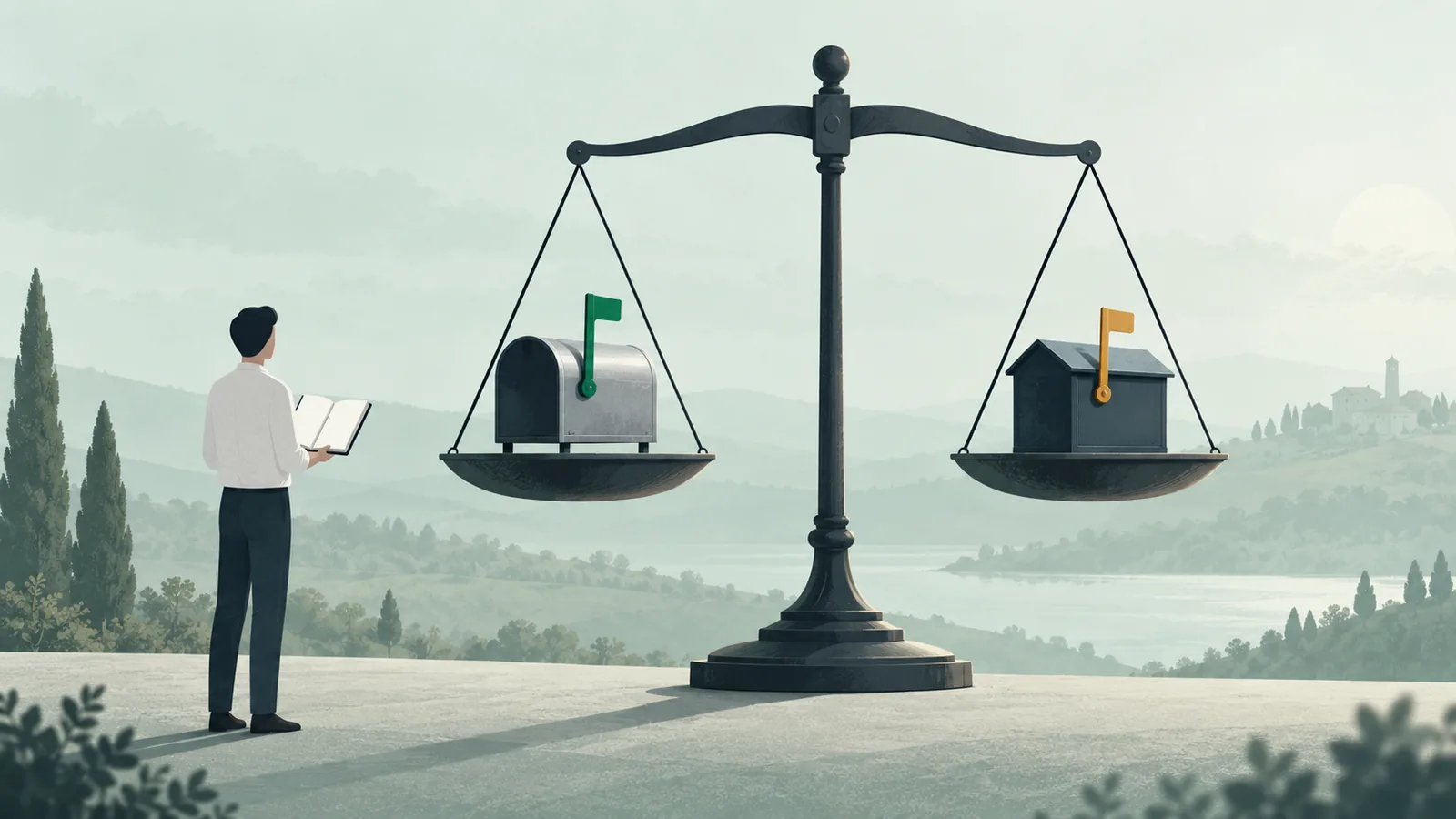Illustration: two different mailboxes weighed on a balance beam while a person with an open notebook observes