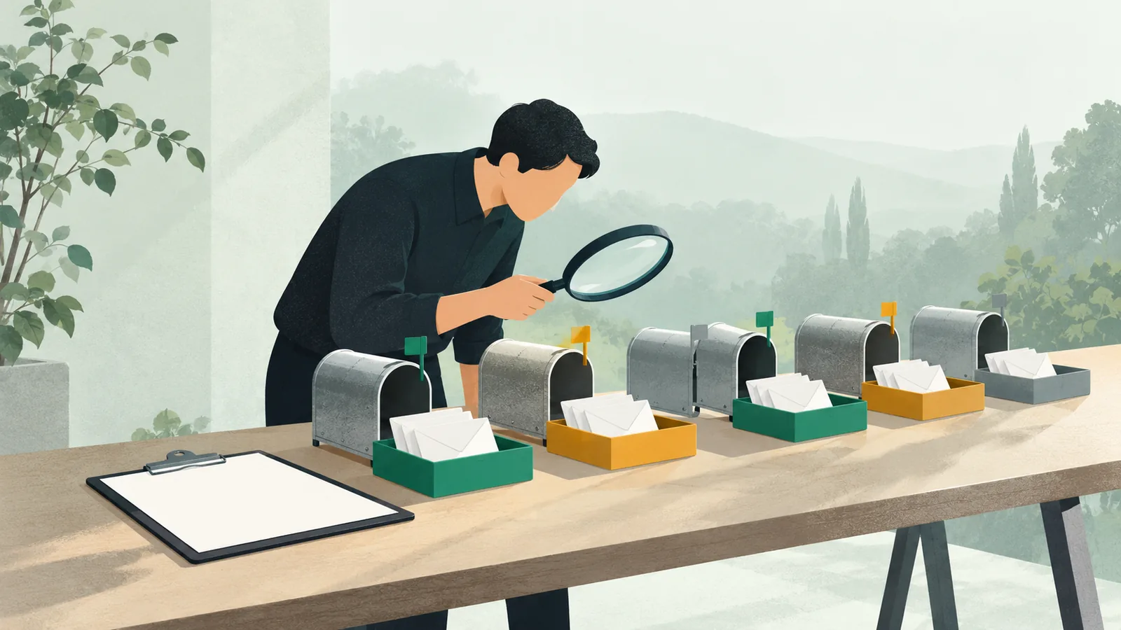 Illustration: a person examines a row of mailboxes with a magnifying glass, each with envelopes resting in green, amber or grey trays