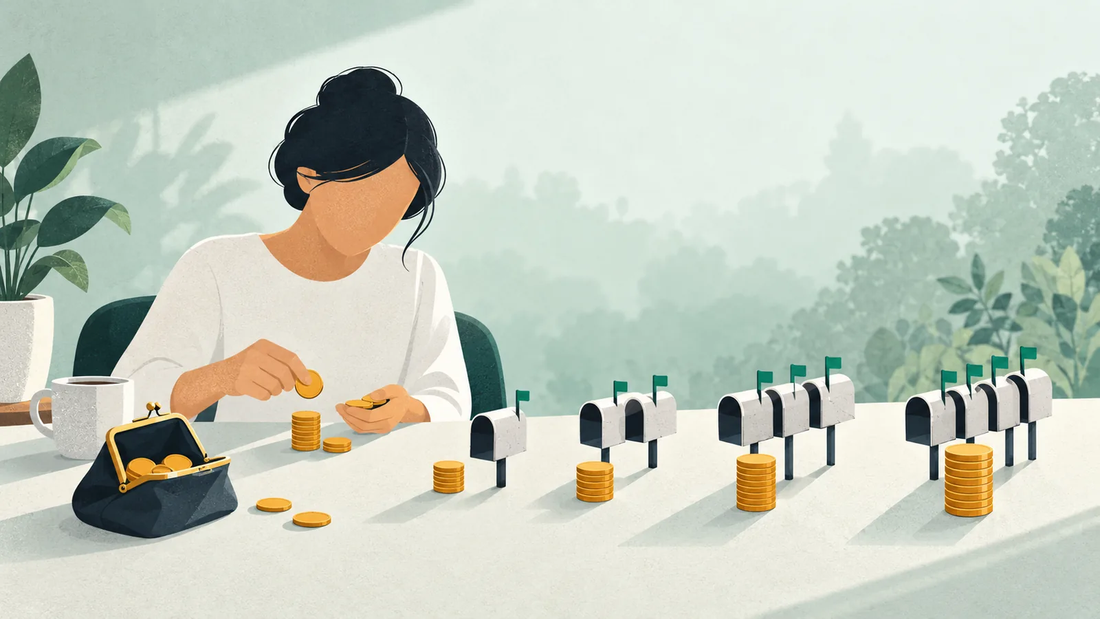 Illustration: a person at a desk counts coins stacked beside a growing row of mailboxes, with an open coin purse