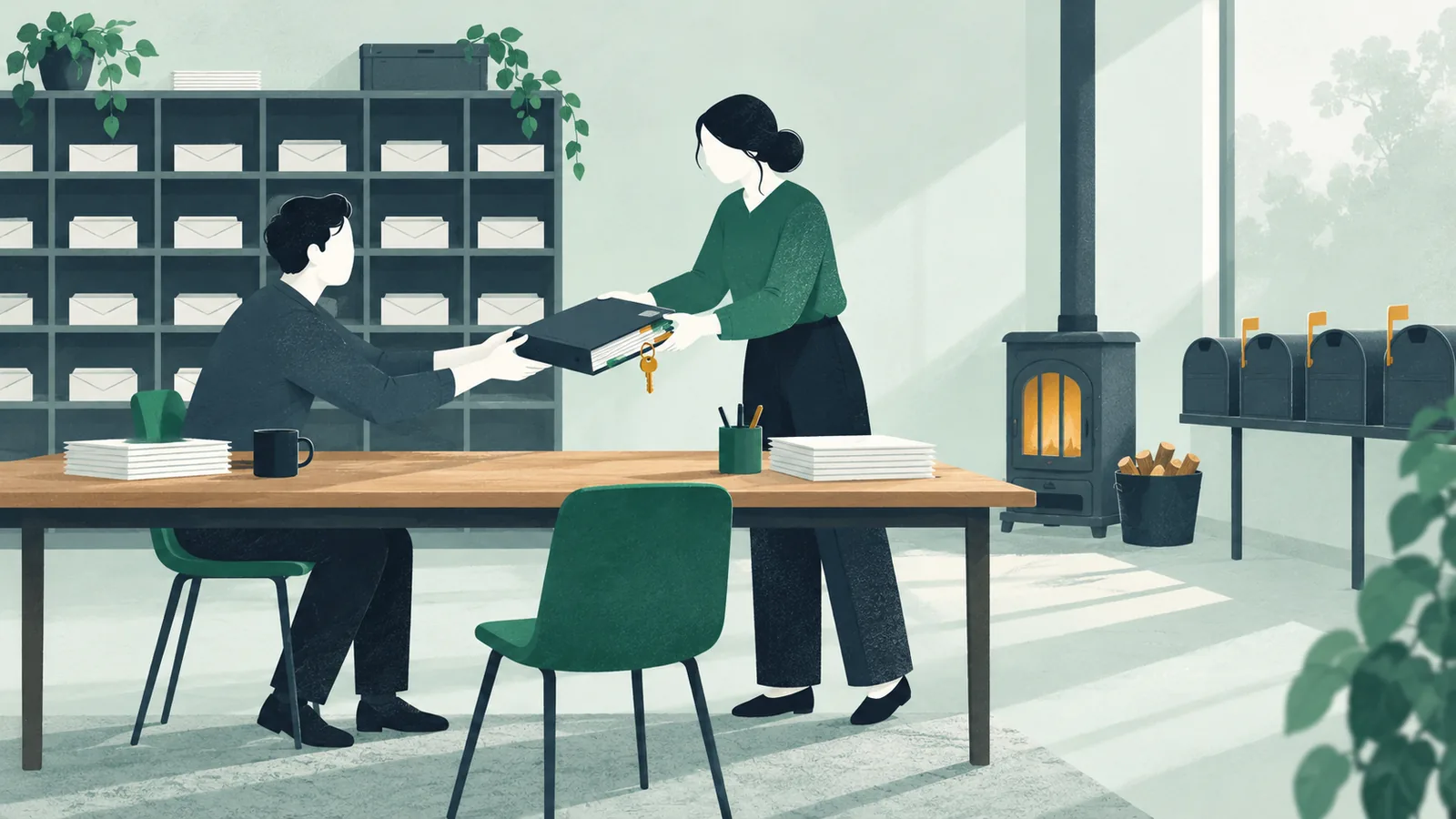 Illustration: two colleagues pass a tabbed binder and a key ring across a table in front of a wall of pigeonholes