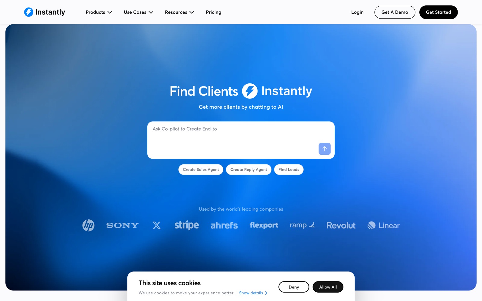 Instantly: The Instantly homepage: sending, warmup and lead tools in one suite.